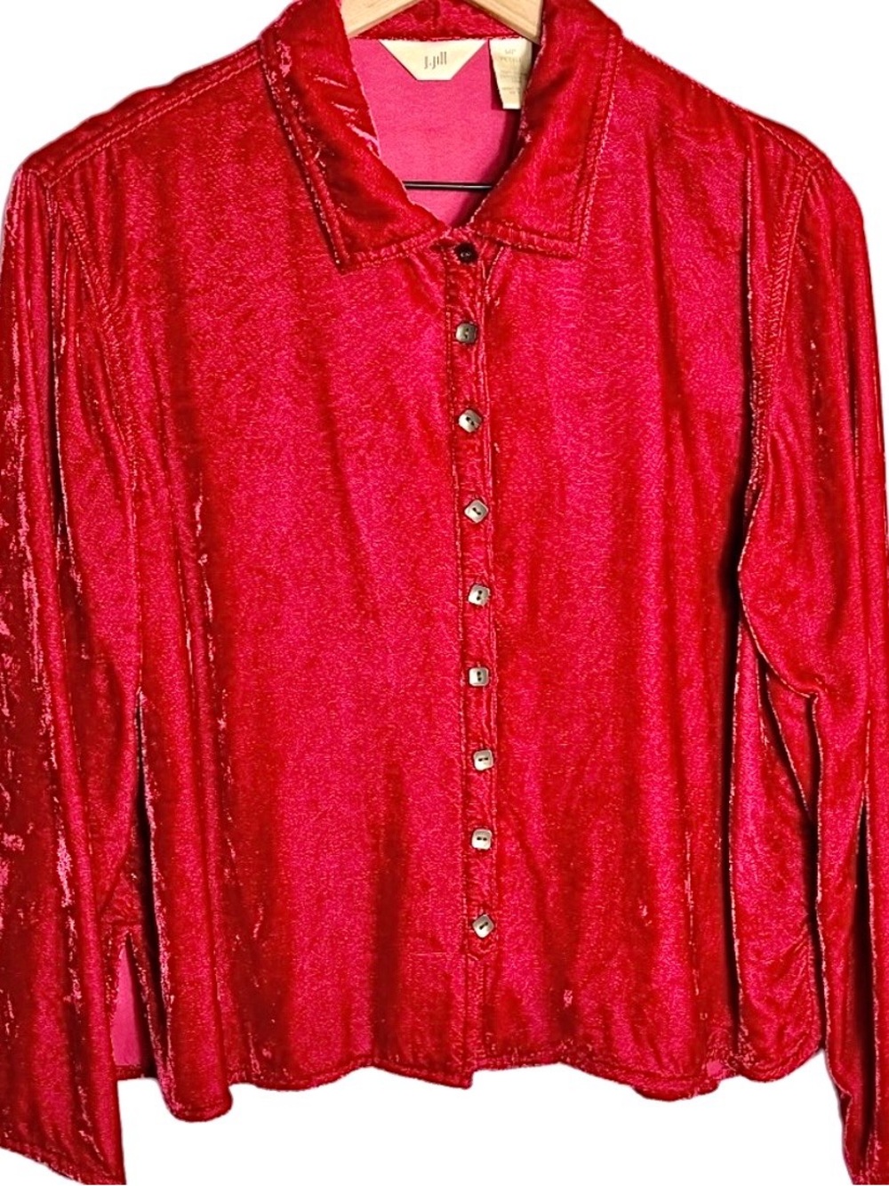 J. Jill Crushed Velvet Button Front Shirt Red Pink Sz MP Whimsigoth Boho Party